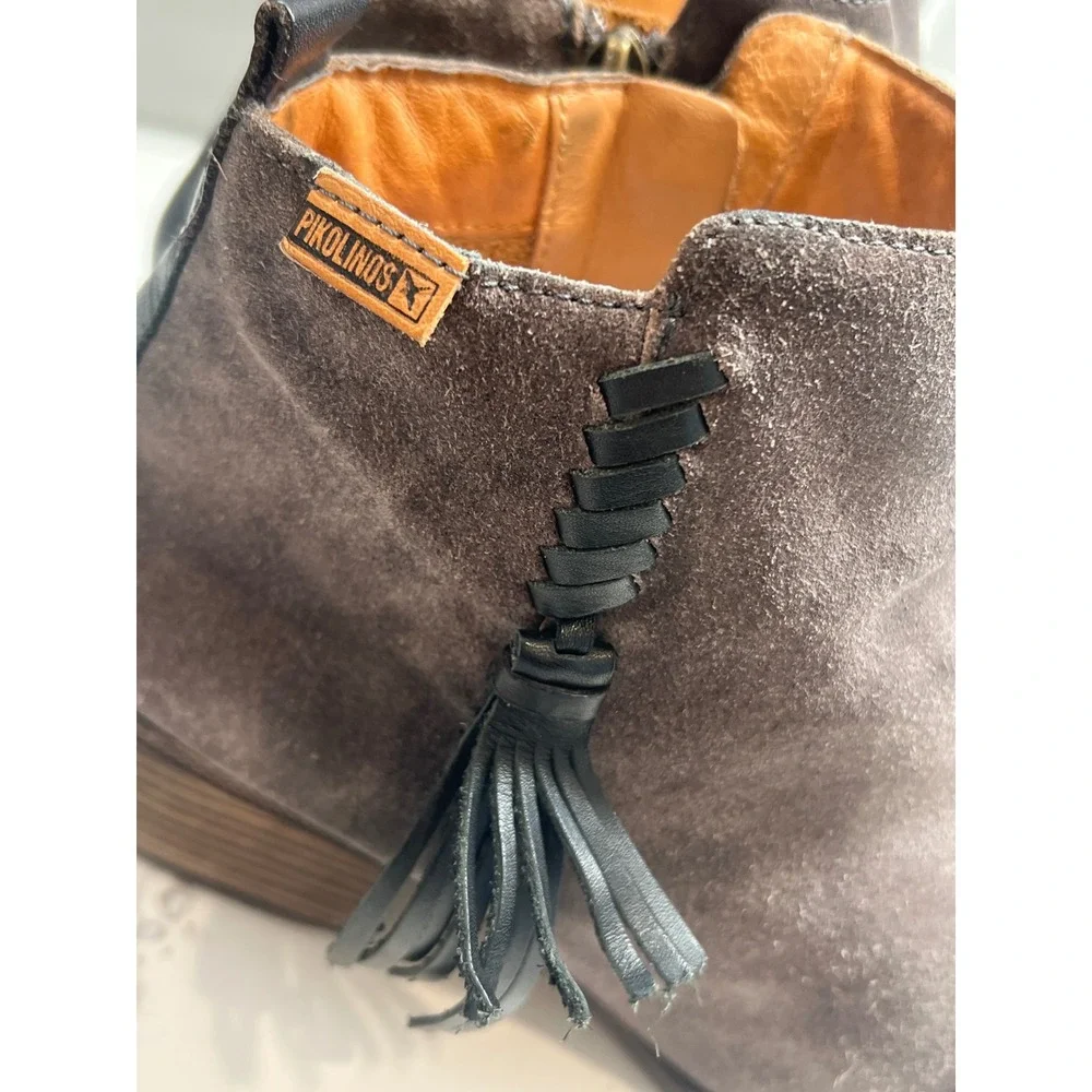 Pikolinos Brown Suede Tassel Ankle Booties Womens Stacked Block Heel Side Zip